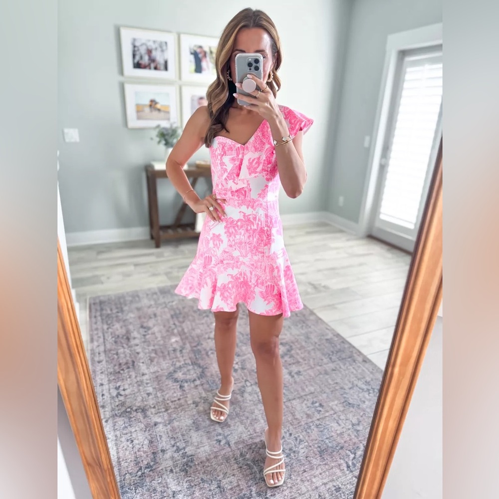 Lilly Pulitzer Pink & White One-Shoulder Ruffle Romper